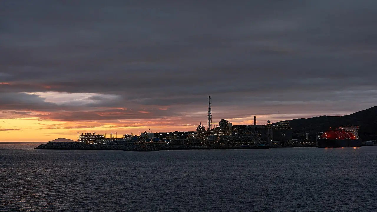 An LNG export terminal at dusk