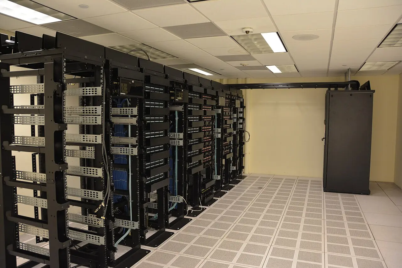 Rows of server racks in a data hall